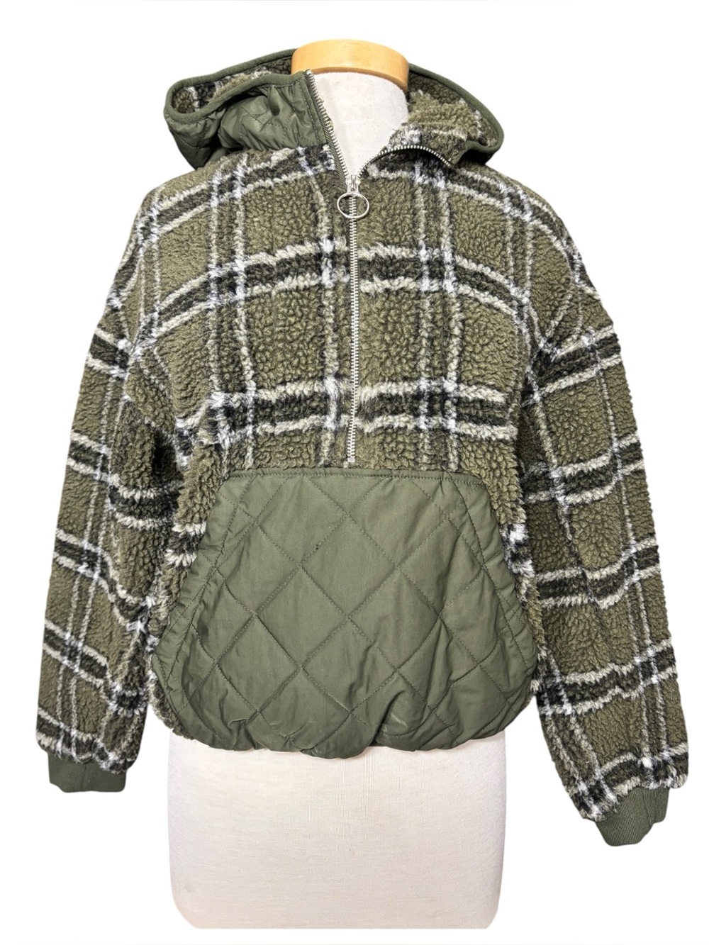 Zara Green Plaid Sherpa Fleece Quilted Pocket Pullover Hoodie (XS) - Picture 2 of 5